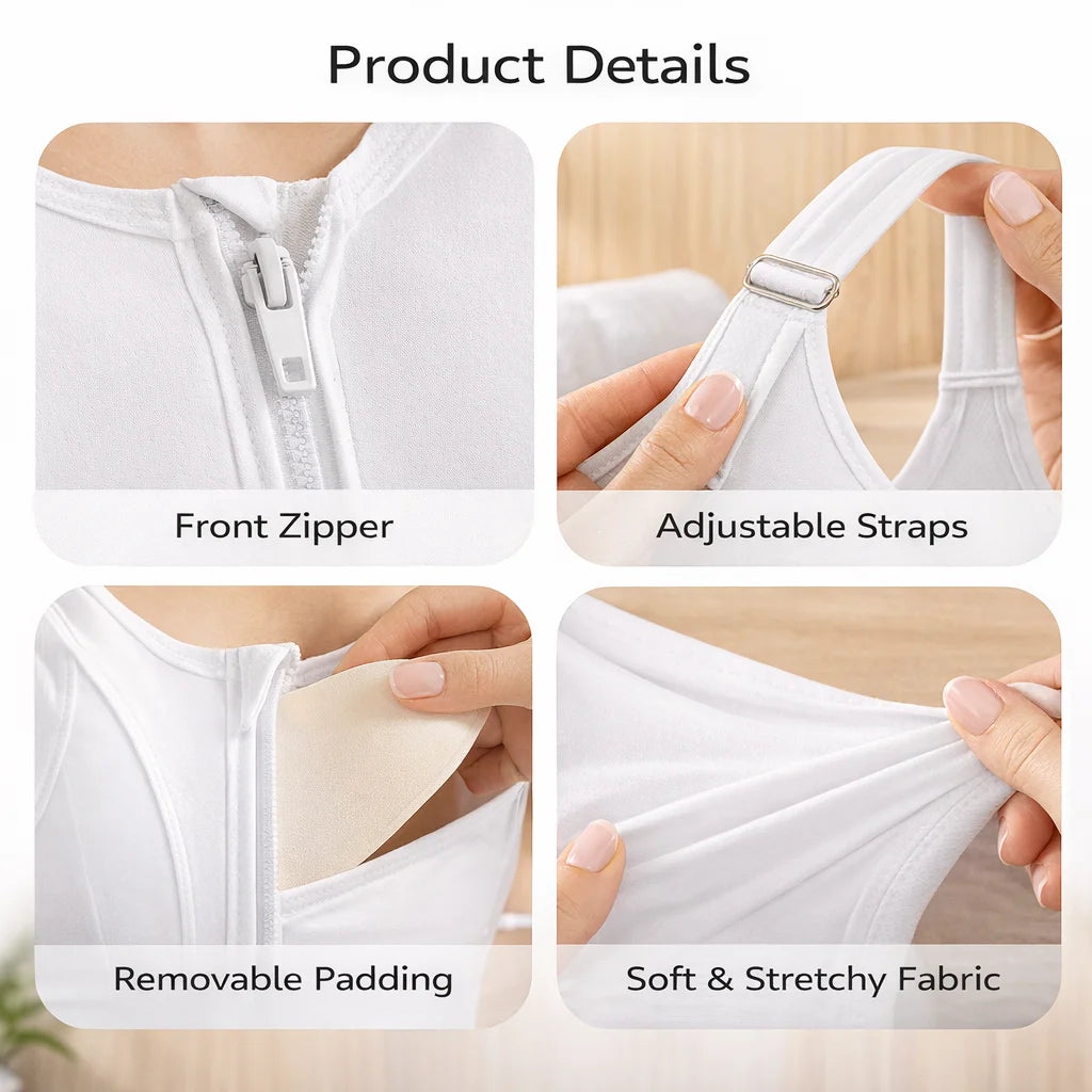 Women’s Front Zipper Sports Bra Plus Size Adjustable Straps Shockproof Crop Top for Yoga Gym Fitness