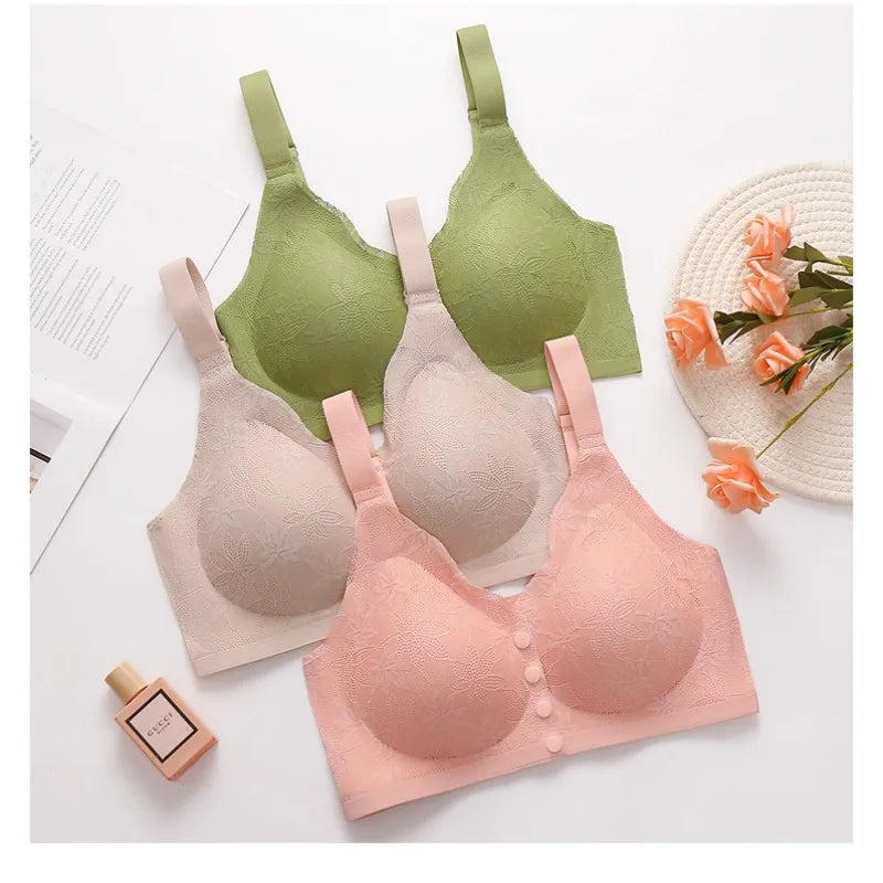 Fashion Printed Front Opening Buckle Gathering Anti Sagging Beautiful Back Bra Ice Silk Seamless Breathable No Steel Ring Bra