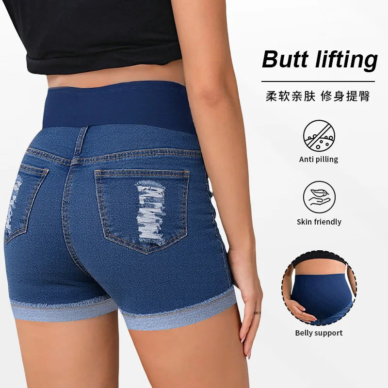 European and American Maternity Denim Shorts Summer Top Pants Simple Perforated Thin Maternity Pants