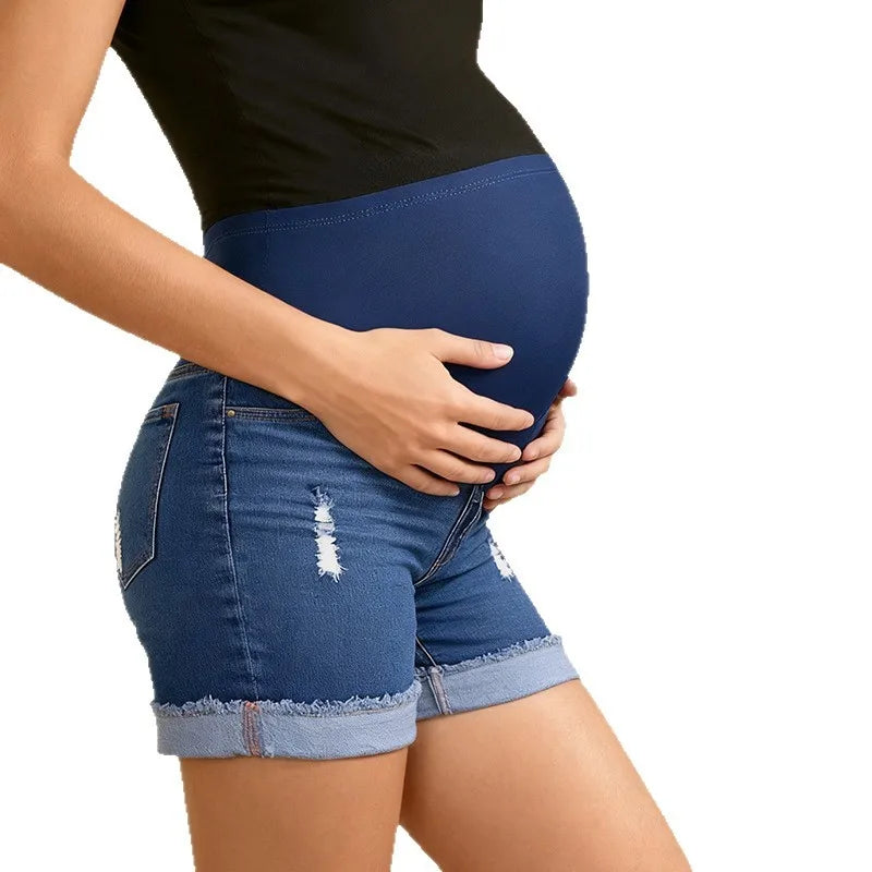 European and American Maternity Denim Shorts Summer Top Pants Simple Perforated Thin Maternity Pants