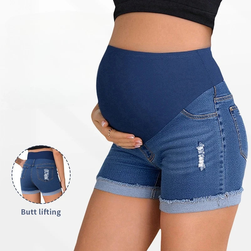 European and American Maternity Denim Shorts Summer Top Pants Simple Perforated Thin Maternity Pants
